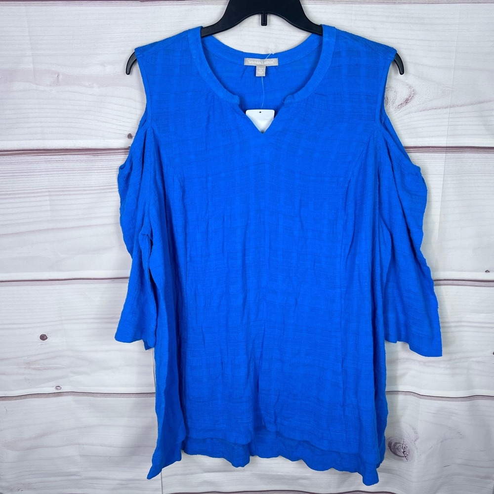Woman Within Top Womens 2X Blue Gauze Blue Kimono Cold Shoulder Sleeve Cotton